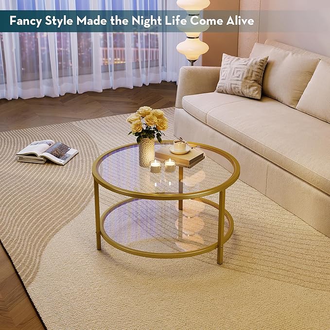 SAYGOER Round Glass Coffee Table 2 Tier Coffee Tables with Storage Shelf for Large or Small Space Modern Simple Center Table with Gold Frame for Living Room Home Office, Easy Assembly… - LeafyLoom