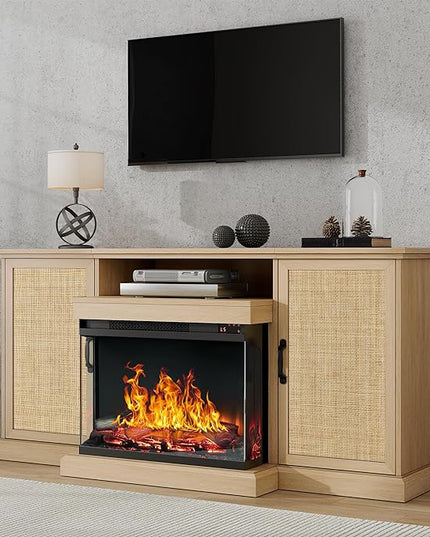 3-Side Glass Fireplace TV Stand for TVs up to 65'', Electric Fireplace TV Stand with Rattan Cabinet, Entertainment Center with Fireplace, Boho, Natural - LeafyLoom