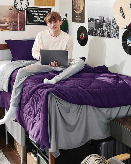 Bedsure Purple Twin XL Comforter Sets - 5 Pieces Reversible Twin XL Bedding Sets, Bed Sets Comforters, Sheets, Pillowcase & Sham, Grey XL Twin Bed in a Bag for College - LeafyLoom