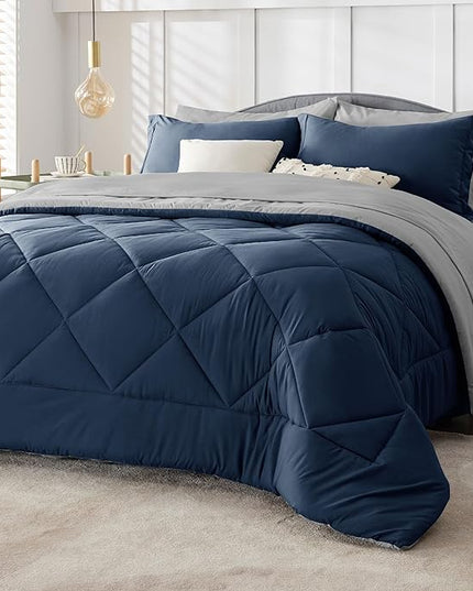 Bedsure Navy California King Comforter Set - 7 Pieces Reversible Bed Set, Bed in a Bag Cal King with Comforters, Sheets, Pillowcases & Shams - LeafyLoom