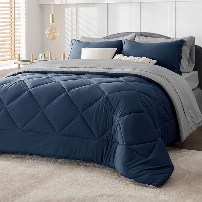 Bedsure Navy Bedding Set Queen - 7 Pieces Reversible Bed Sets in a Bag with Comforters, Sheets, Pillowcases & Shams, Comforter - LeafyLoom