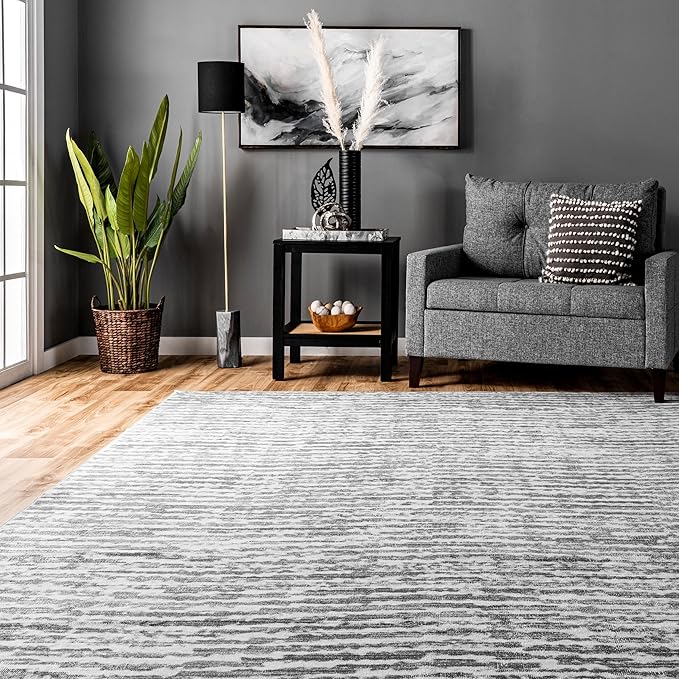 nuLOOM Avelina Abstract Stripes Machine Washable Ultra Thin Area Rug, 5' x 8', Light Grey - LeafyLoom