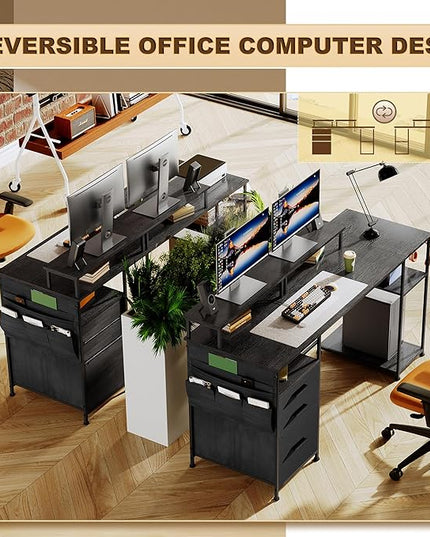 Computer Desk with 3 File Cabinet Drawers, 57.8'' Reversible Gaming Desk, Office Desk with Storage Shelves and Dual Monitor Stand for Home & Office (Black) - LeafyLoom