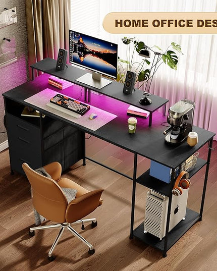 Computer Desk with 3 File Cabinet Drawers, 57.8'' Reversible Gaming Desk with LED Lights and Power Outlets, Office Desk with Storage Shelves and Dual Monitor Stand for Home & Office (Black) - LeafyLoom