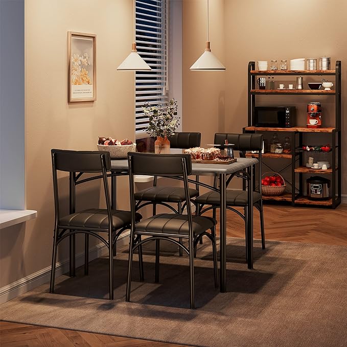 IDEALHOUSE Kitchen Table and Chairs for 4, Dining Table Set for 4 with Upholstered Chairs, 5 Piece Rectangular Kitchen Table Set, Dining Room Table Set for Small Space, Apartment, Rustic Grey - LeafyLoom