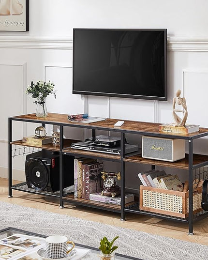 VECELO TV Stand for Televisions up to 75 Inch, Industrial Entertainment Center with 3-Tier Open Storage Shelves& Hooks for Living, Bedroom and Gaming Room, 70 in, Brown - LeafyLoom