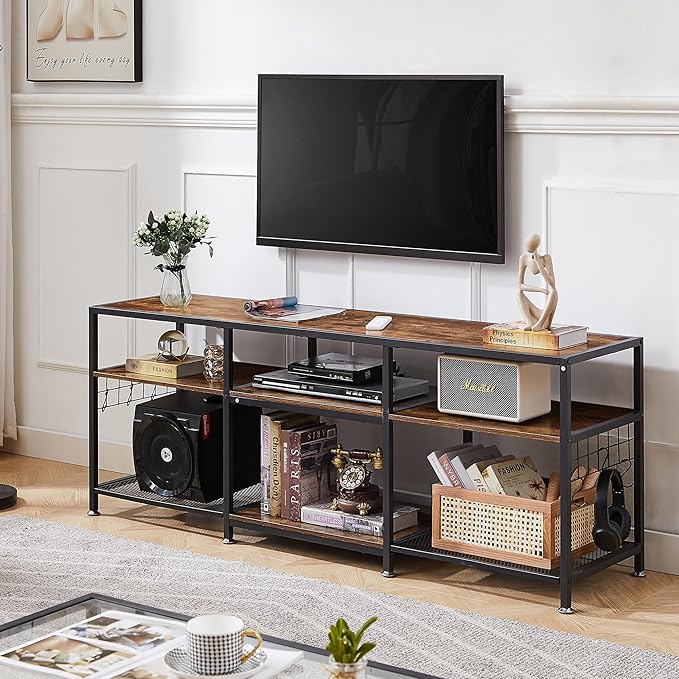 VECELO TV Stand for Televisions up to 75 Inch, Industrial Entertainment Center with 3-Tier Open Storage Shelves& Hooks for Living, Bedroom and Gaming Room, 70 in, Brown - LeafyLoom