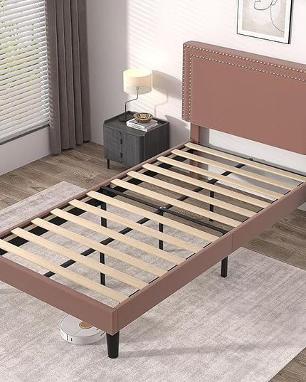 VECELO Twin Size Platform Bed Frame with Adjustable Upholstered Headboard, Modern Mattress Foundation, Strong Wood Slat Support, No Box Spring Needed, Easy Assembly - LeafyLoom