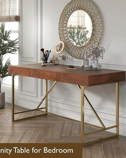 Lizon Modern 60 Inch Wood Desk with Drawers, Office Table with Storage, Vanity Without Mirror for Bedroom, Study Room, Dorm, 60-inch, Light Walnut Brown and Gold - LeafyLoom