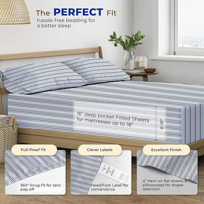 THREAD SPREAD 100% Egyptian Cotton Printed Bed Sheets - 600 Thread Count 4 PC King Sheet Set, Hotel Luxury Sateen Bedsheets, 16" Deep Pocket Soft Cooling Sheets for King Size Bed - Variegated Stripe - LeafyLoom