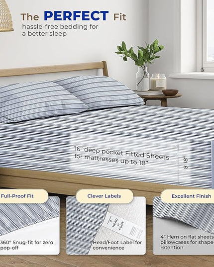 THREAD SPREAD 100% Egyptian Cotton Printed Bed Sheets - 600 Thread Count 4 PC Full Sheet Set, Hotel Luxury Sateen Bedsheets, 16" Deep Pocket Soft Cooling Sheets for Full Size Bed - Variegated Stripe - LeafyLoom