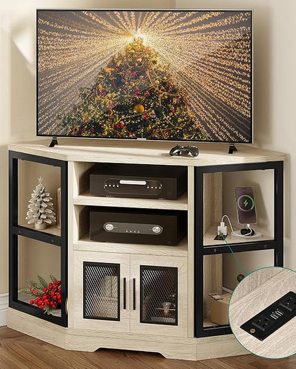 YITAHOME Corner TV Stand for TVs up to 55/50 Inch with Power Outlet, Modern Farmhouse Entertainment Center, Wood TV Media Console with Storage Cabinets Shelves for Living Room, White Oak - LeafyLoom