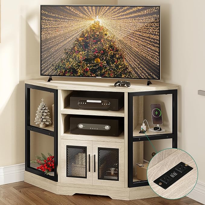 YITAHOME Corner TV Stand for TVs up to 55/50 Inch with Power Outlet, Modern Farmhouse Entertainment Center, Wood TV Media Console with Storage Cabinets Shelves for Living Room, White Oak - LeafyLoom