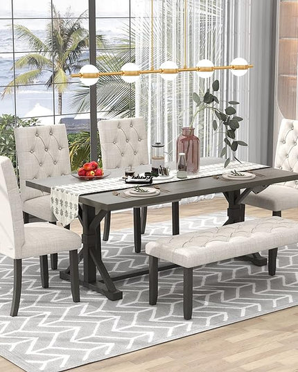 Room Piece Farmhouse Dining 6, Solid Kitchen Chiar Set with 72 Inches Wood Rectangular Table, 4 Upholstered Chairs with Bench, Gray, 1 - LeafyLoom