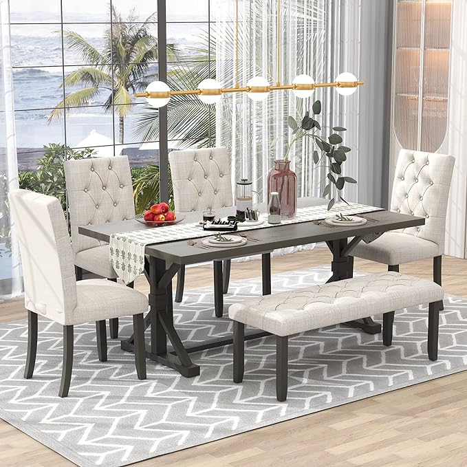 Piece Wood Rectangular Dining Set for 6, includes 1 Table with Cross-Legged Trestle Base, 4 Upholstered High Back Chairs & 1 Bench, Farmhouse Style, Gray, 72" L x 42" W x 30" H - LeafyLoom