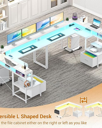 Unikito L Shaped Desk with File Drawer, Reversible L Shaped Computer Desk with Power Outlet & LED Lights, Home Office Desk Corner Desk with Monitor Shelf and Printer Cabinet, Gaming Desk, White - LeafyLoom