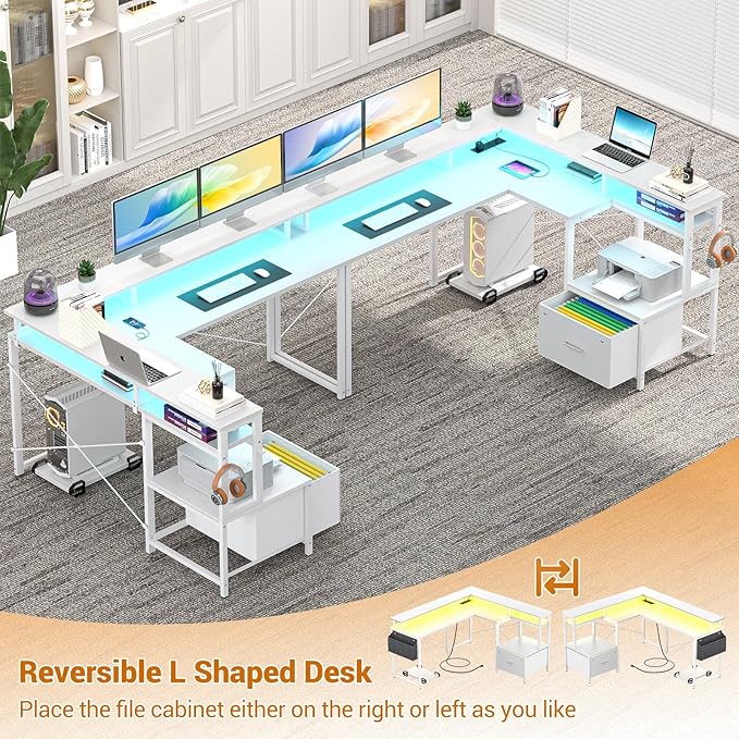 Unikito L Shaped Desk with File Drawer, Reversible L Shaped Computer Desk with Power Outlet & LED Lights, Home Office Desk Corner Desk with Monitor Shelf and Printer Cabinet, Gaming Desk, White - LeafyLoom