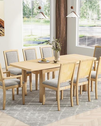 NicBex Dining Table Kitchen & Dining Room Tables Rustic Extendable 84Inch Dining Table Set with 24Inch Removable Leaf, 6 Upholstered Armless Dining Chairs and 2 Padded Chairs, Natural+Grey - LeafyLoom