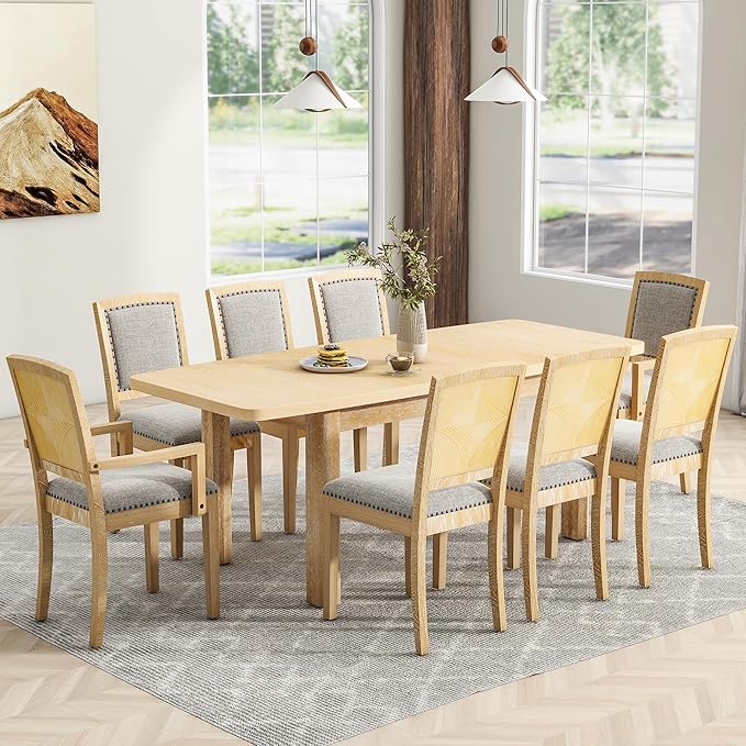 NicBex Dining Table Kitchen & Dining Room Tables Rustic Extendable 84Inch Dining Table Set with 24Inch Removable Leaf, 6 Upholstered Armless Dining Chairs and 2 Padded Chairs, Natural+Grey - LeafyLoom