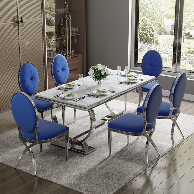 ACEDÉCOR Blue and Silver Dining Room Chairs, Classic King Louis Velvet Upholstered Dining Chairs, Silver Legs Dining Chair Set of 10 - LeafyLoom