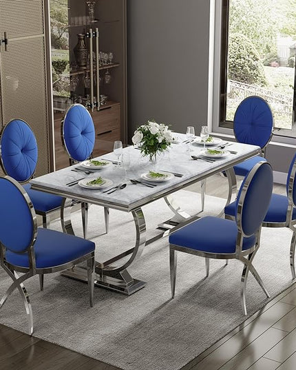 ACEDÉCOR Blue and Silver Dining Chairs, Mid-Century Modern Velvet Dining Chairs with Silver X Shaped Legs, for Kitchen, Dining Room, Living Room,Restaurant, Set of 6 - LeafyLoom
