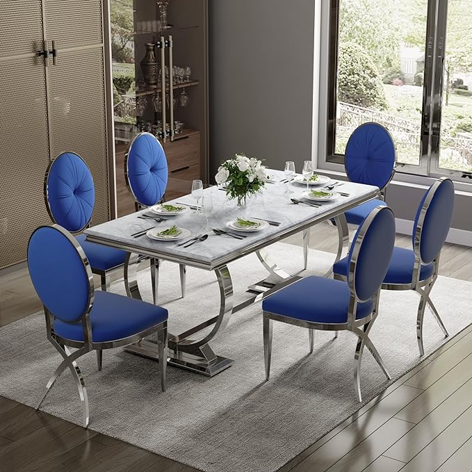 ACEDÉCOR Blue and Silver Dining Chairs, Mid-Century Modern Velvet Dining Chairs with Silver X Shaped Legs, for Kitchen, Dining Room, Living Room,Restaurant, Set of 6 - LeafyLoom