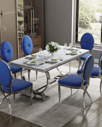 ACEDÉCOR Blue and Silver Dining Chairs, Classic King Louis Upholstered Dining Room Chair with Silver X Shaped Legs, Modern Armless Chair Set of 8 - LeafyLoom