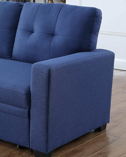 L Shaped Pull Out Sectional Sofa with Storage Chaise, 82 Inch Linen Upholstered Reversible Couch Sleeper Bed, for Living Room, Apartment and Office, 82, Blue-1 - LeafyLoom