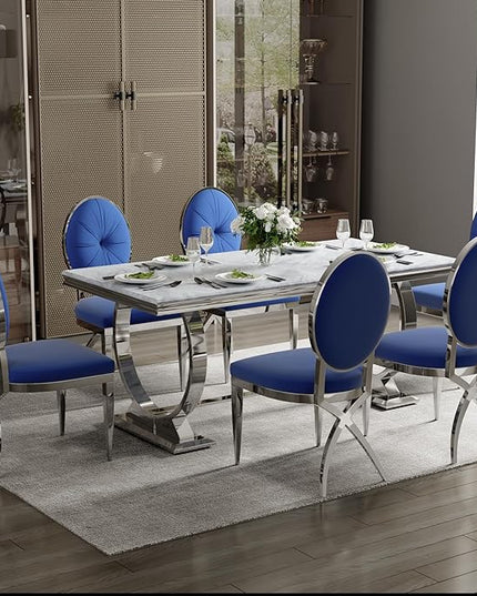 ACEDÉCOR Blue and Silver Dining Chairs, Mid-Century Modern Velvet Dining Chairs with Silver X Shaped Legs, for Kitchen, Dining Room, Living Room,Restaurant, Set of 6 - LeafyLoom