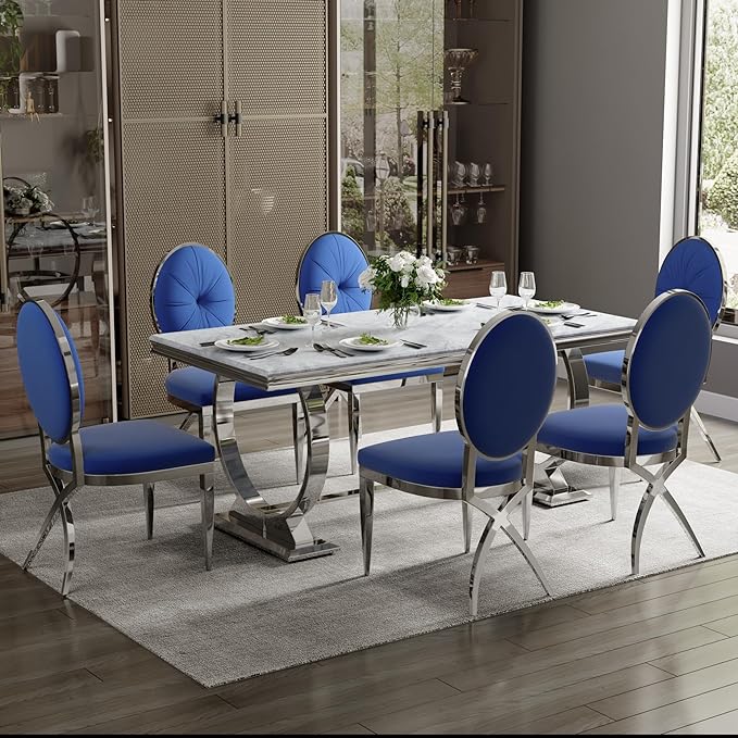 ACEDÉCOR Blue and Silver Dining Chairs, Mid-Century Modern Velvet Dining Chairs with Silver X Shaped Legs, for Kitchen, Dining Room, Living Room,Restaurant, Set of 6 - LeafyLoom