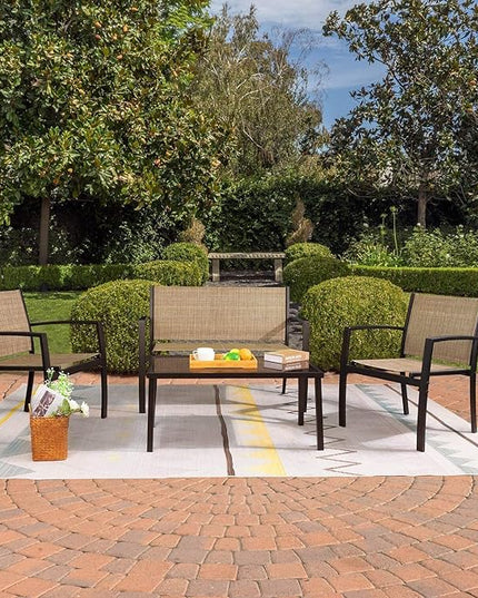 Greesum 4 Pieces Patio Furniture Set, Outdoor Conversation Sets for Patio, Lawn, Garden, Poolside with A Glass Coffee Table, Beige - LeafyLoom