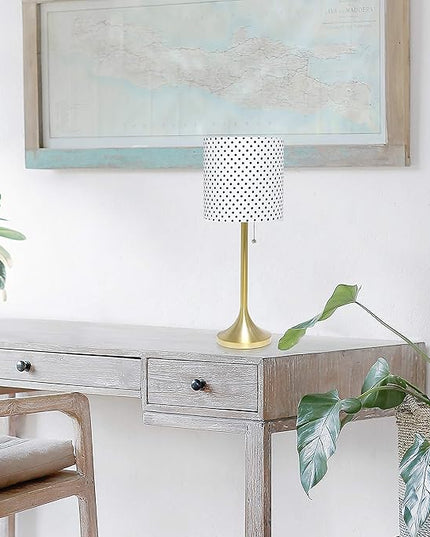 Simple Designs LT1076-GDD Tapered Fabric Drum Shade Table Lamp, Gold and Polka Dot - LeafyLoom