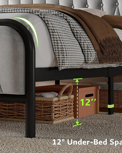 Feonase Full Size Bed Frame with Type-C & USB Port, Fast Charging Metal Platform Beds, Velvet Upholstered Headboard & Footboard, 12" Under Bed Storage Space, Easy Assembly, Noise-Free, Gray - LeafyLoom