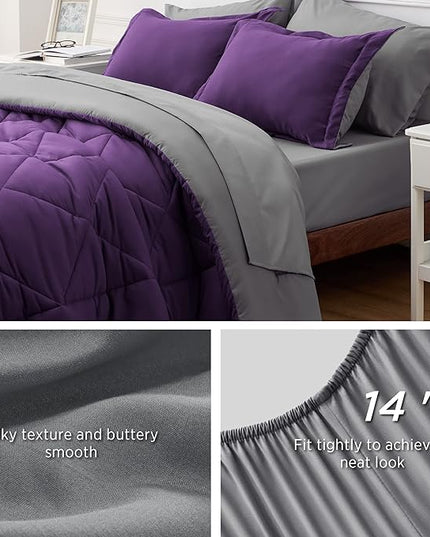 Bedsure Purple Queen Comforter Set - 7 Pieces Reversible Bed Set Bed in a Bag Queen with Comforters, Sheets, Pillowcases & Shams, Queen Bedding Sets - LeafyLoom