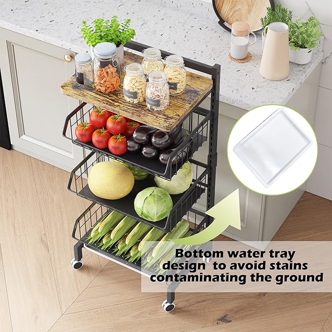 COVAODQ Fruit Basket 4-Tier Adjustable Fruit Vegetable Basket Cart Metal Wire Storage Cart Rolling Pantry Utility Kitchen Cart - LeafyLoom