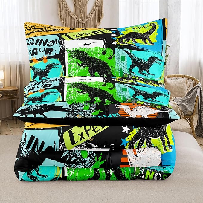 NINENINE Dinosaur Bedding Sets for Kids,Watercolor Dinosaur Comforter Set,Twin Size Bedding Sets for Kids,Colorful Plaid Bedding Set with 1 Comforter 1 Pillowcase… - LeafyLoom