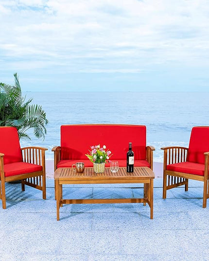 SAFAVIEH Outdoor Collection Rocklin Natural/ Red Cushion 4-Piece Conversation Patio Set - LeafyLoom