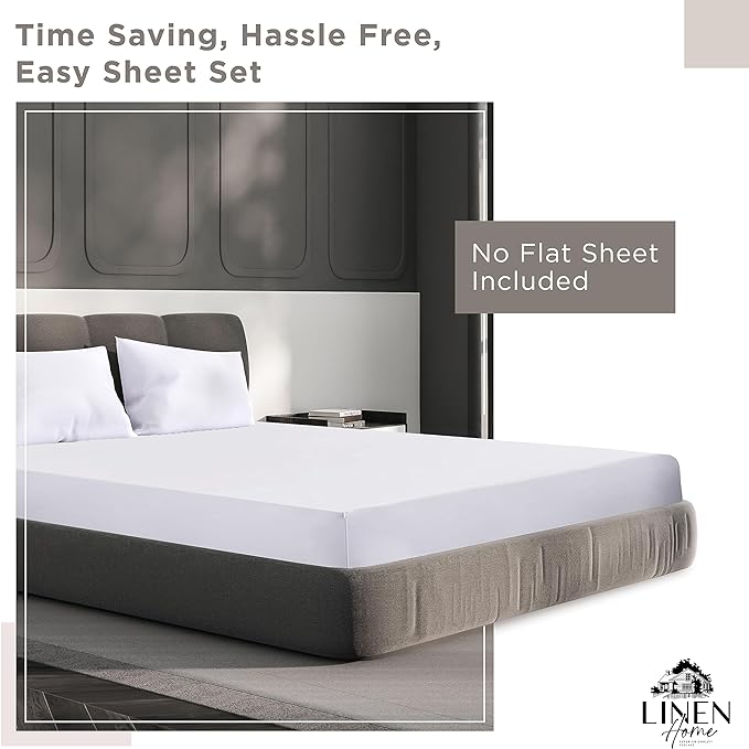Linen Home 100% Cotton Percale Fitted Sheet Set Twin Size, White, Deep Pocket, 2 Piece - 1 Deep Pocket Fitted Sheet and 1 Pillowcase, Crisp Cool and Strong Bed Linen - LeafyLoom