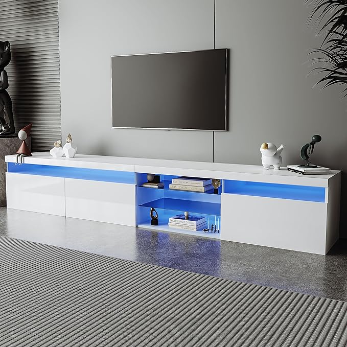 NicBex TV Stand for 100 Inch TV LED Gaming Entertainment Center Media Storage Console Table with 2 Glass Shelves and LED Color Changing Lights for Living Room,Bedroom,94.50 Inch,White - LeafyLoom