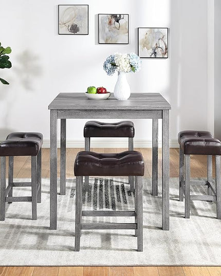 Home Kitchen 5 Piece Dining Set, Breakfast Tables with 4 Padded Stools, Industrial Bar Dinette Furniture for Living Room, Apartment, Space-Saving Design, Brown+Gray - LeafyLoom