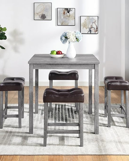 5 Piece Square, Industrial Breakfast Table + 4 Upholstered Stools, Bistro Dining Set, for Living, Small Apartment, Farmhouse, Game Room, Brown+Light Gray - LeafyLoom