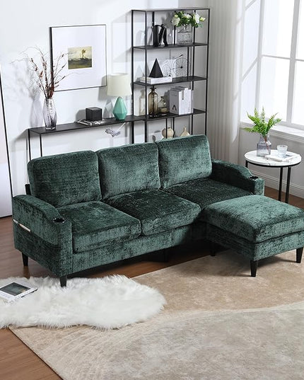 Convertible Sectional Sofa with Movable Storage Ottoman and Cupholders, 3 Seater L-Shaped Corner Couch,Chenille Upholstered Furniture w/Detachable Thicked Cushions for Living Room, Small Space - LeafyLoom