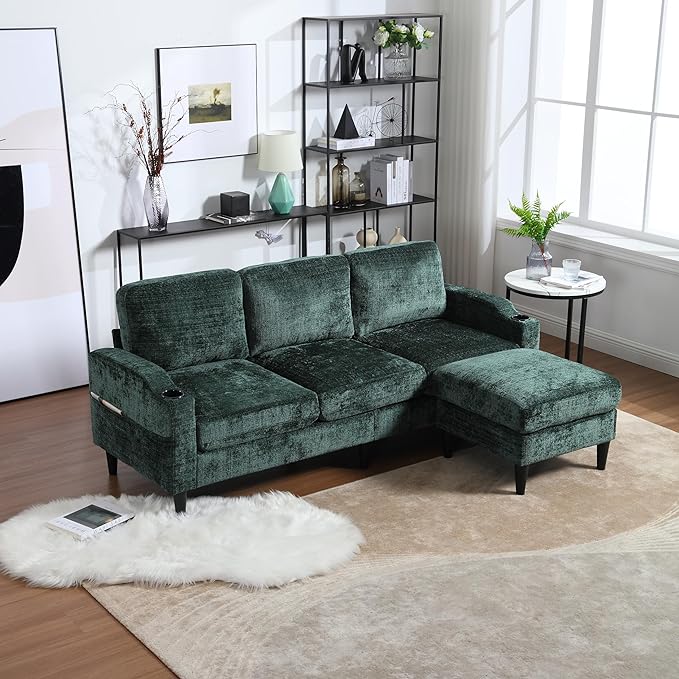 Convertible Sectional Sofa with Movable Storage Ottoman and Cupholders, 3 Seater L-Shaped Corner Couch,Chenille Upholstered Furniture w/Detachable Thicked Cushions for Living Room, Small Space - LeafyLoom