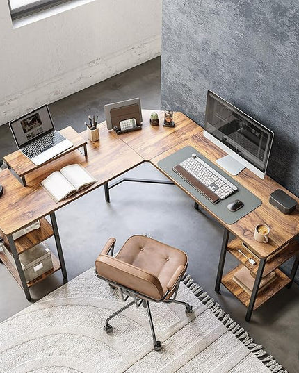 CubiCubi L Shaped Desk, 58.3 inch Computer Corner Desk with 2 Storage Shelves, Home Office Desk with Monitor Stand, Rustic Brown - LeafyLoom