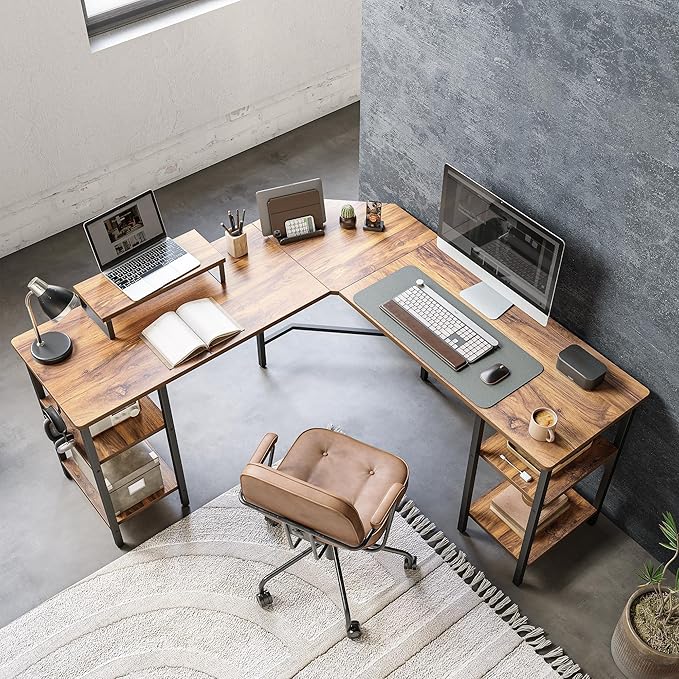 CubiCubi L Shaped Desk, 58.3 inch Computer Corner Desk with 2 Storage Shelves, Home Office Desk with Monitor Stand, Rustic Brown - LeafyLoom