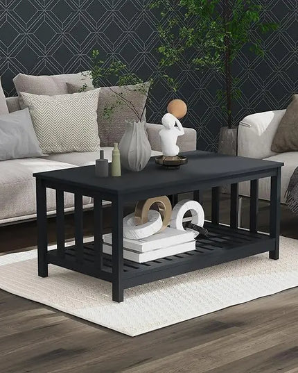 TaoHFE Black Coffee Tables for Living Room Modern Coffee Table Set 40 Inch 2-Tier Wooden Living Room Table Rectangular Center Table with Storage Shelf Furniture for Living Room, Meeting Room, Office - LeafyLoom