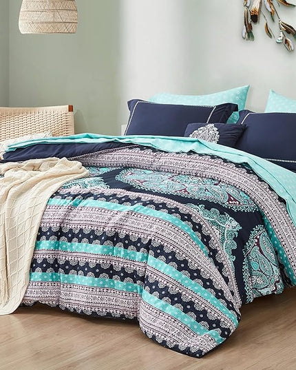 Degrees of Comfort Teen Twin Complete Comforter Sets for Girls, Boho Medallion Tween Bed in A Bag 6 Piece, Blue Microfiber Bedding Set with Sheets, Matching Decorative Pillow - LeafyLoom