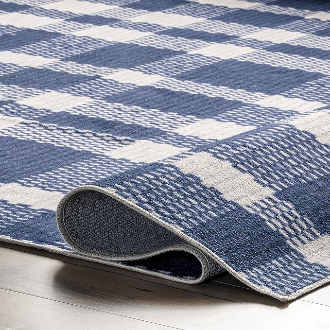 nuLOOM Rianne Machine Washable Plaid Farmhouse Ultra Thin Area Rug, 8' x 10', Blue - LeafyLoom