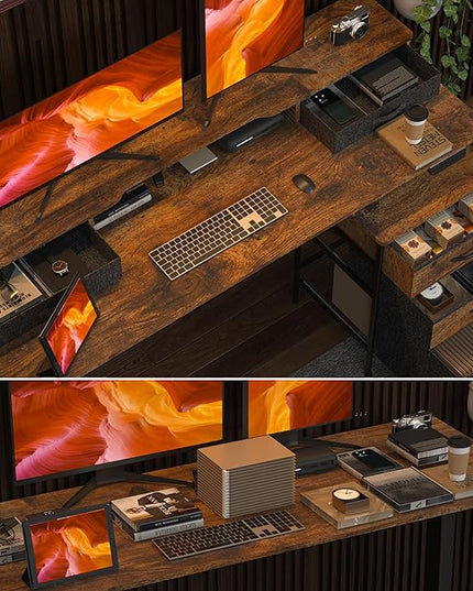 55 Inch Electric Standing Desk with Cabinet & Drawers, Height Adjustable Sit Stand Desk with Monitor Shelf, Smart Home Office Standing Computer Desk, Rustic Brown - LeafyLoom