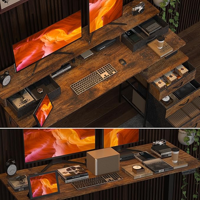 55 Inch Electric Standing Desk with Cabinet & Drawers, Height Adjustable Sit Stand Desk with Monitor Shelf, Smart Home Office Standing Computer Desk, Rustic Brown - LeafyLoom